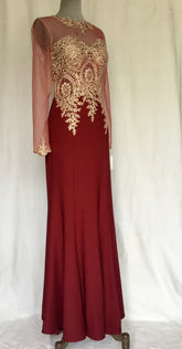 Sustainable Burgundy Evening Gown with Sheer Embroidered Bodice and Long Sleeves
